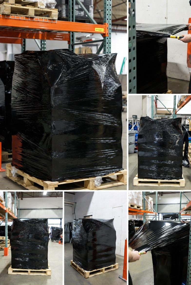 Paleta owinięta czarną folią stretch w magazynie – zastosowania czarnej folii