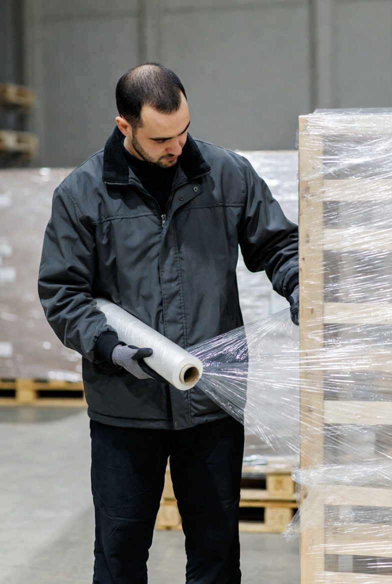 Pracownik owija paletę folią stretch – wybór grubości 17 czy 23 µm