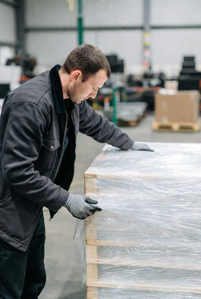 Pracownik w rękawicach przy palecie – folia stretch ręczna vs maszynowa