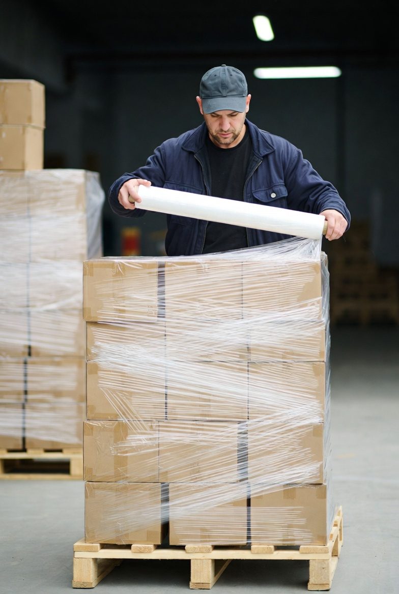 Pracownik magazynu przy palecie z kartonami – zużycie folii stretch na paletę
