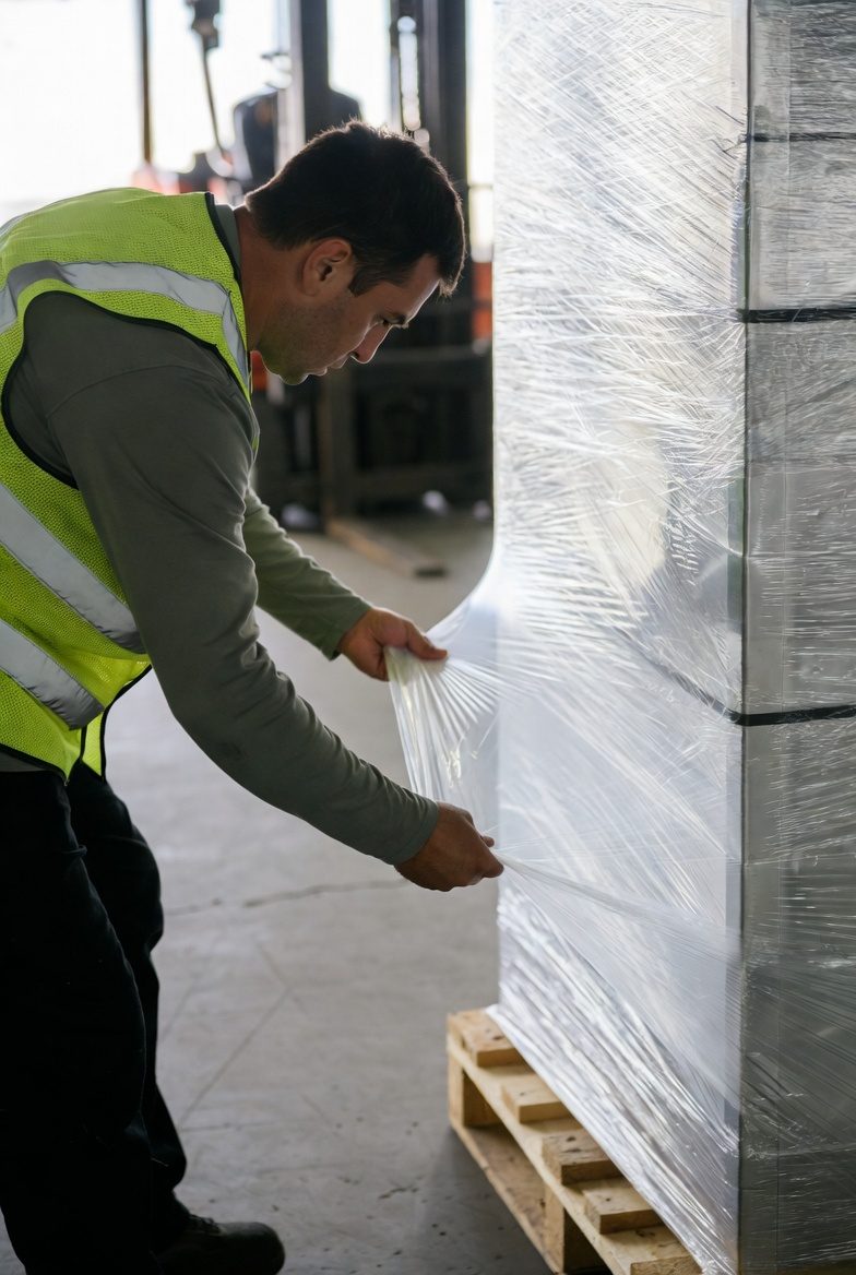 Pracownik w kamizelce odblaskowej owija paletę folią stretch ręcznie